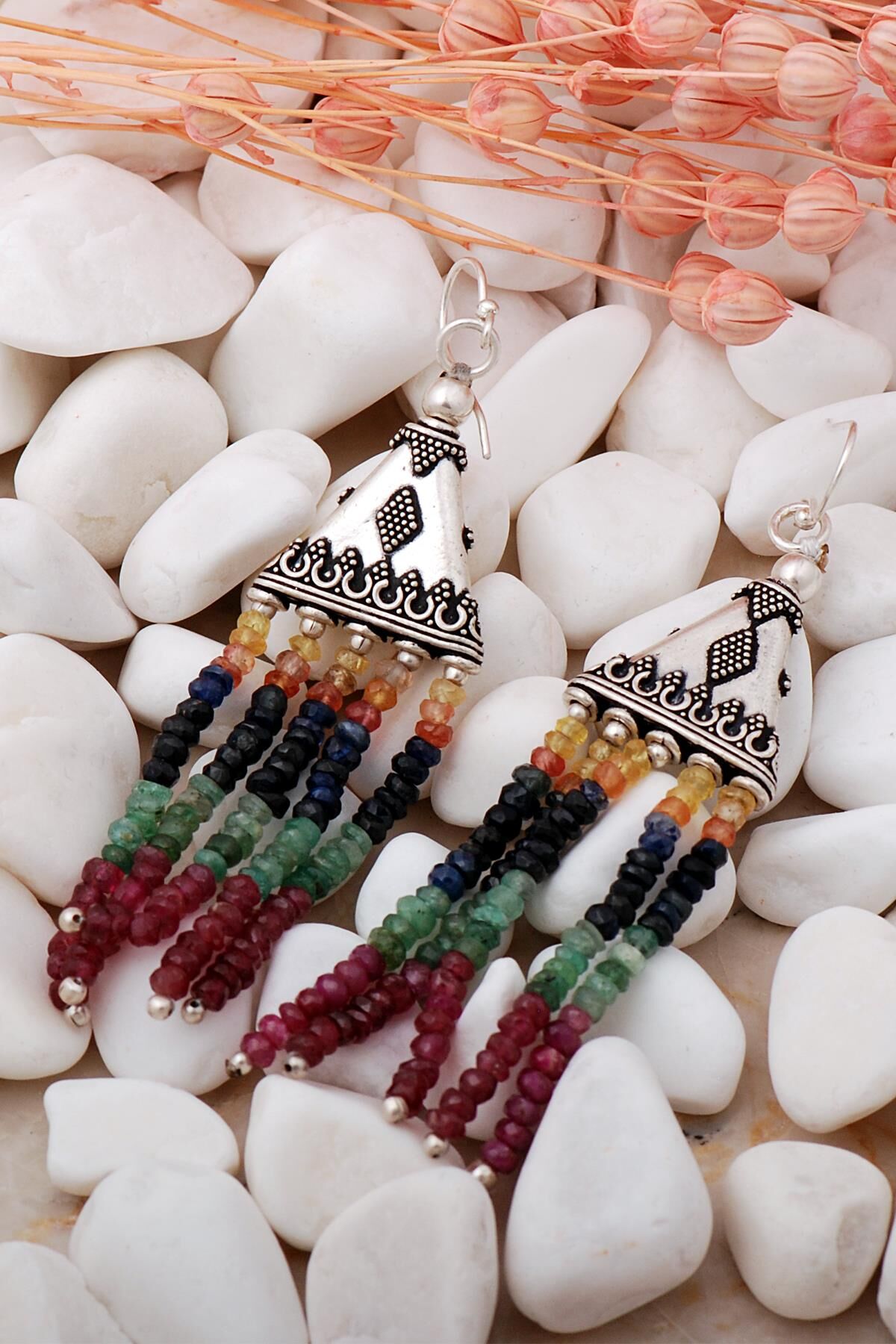 Yakut Zümrüt Safir Taşlı Dizgi Gümüş Küpe 5765