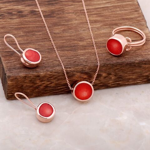 Mercan Taşlı Rose Gümüş Tasarım Elişi Set 1948