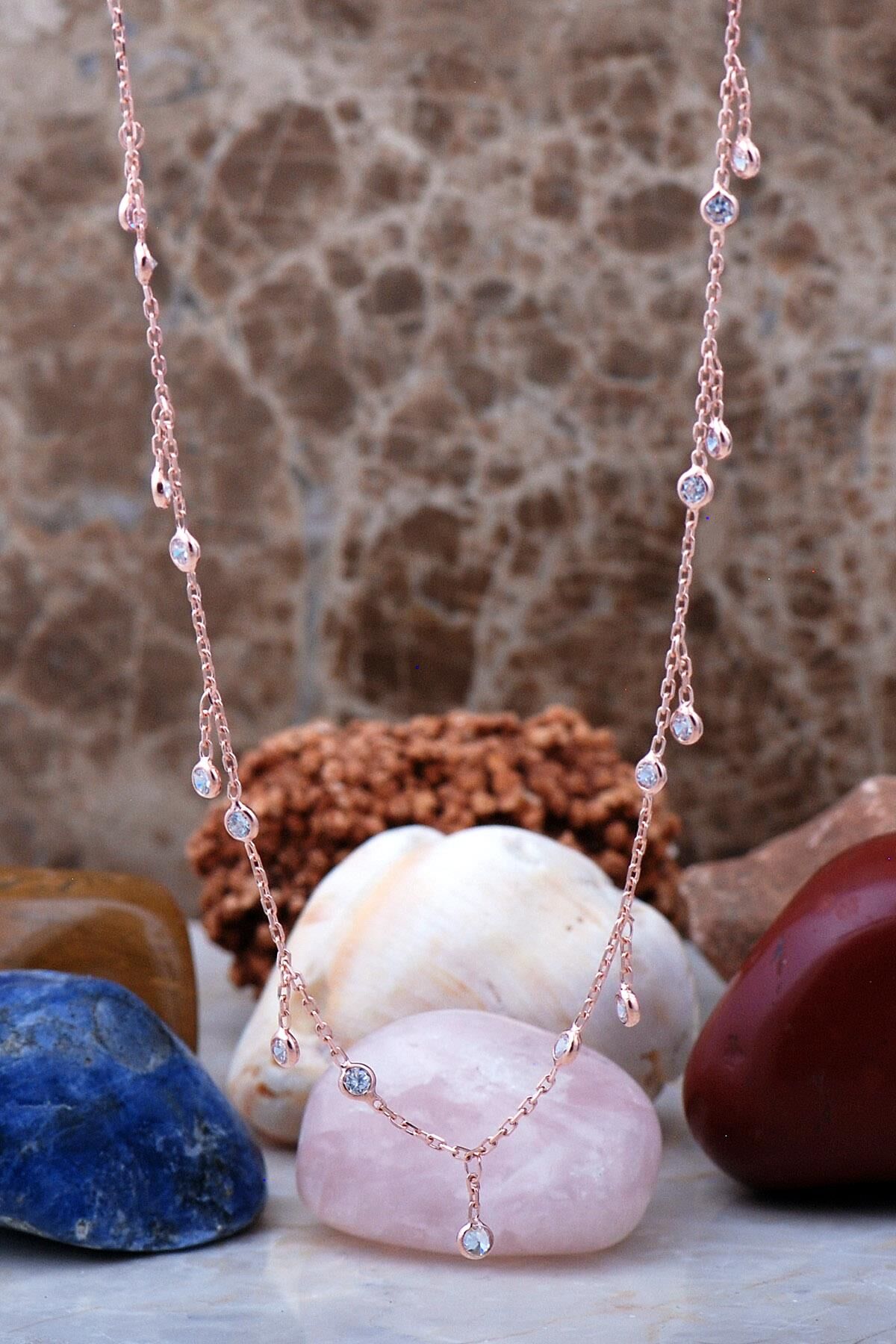 Sıra Taşlı Rose Gümüş Choker Kolye 7238