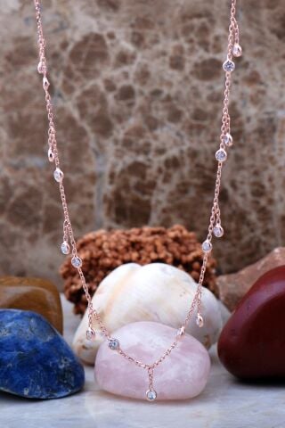 Sıra Taşlı Rose Gümüş Choker Kolye 7238