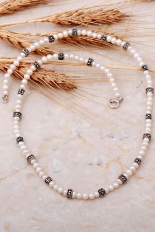 Markazit Taşlı İnci Dizgi Gümüş Kolye 7651