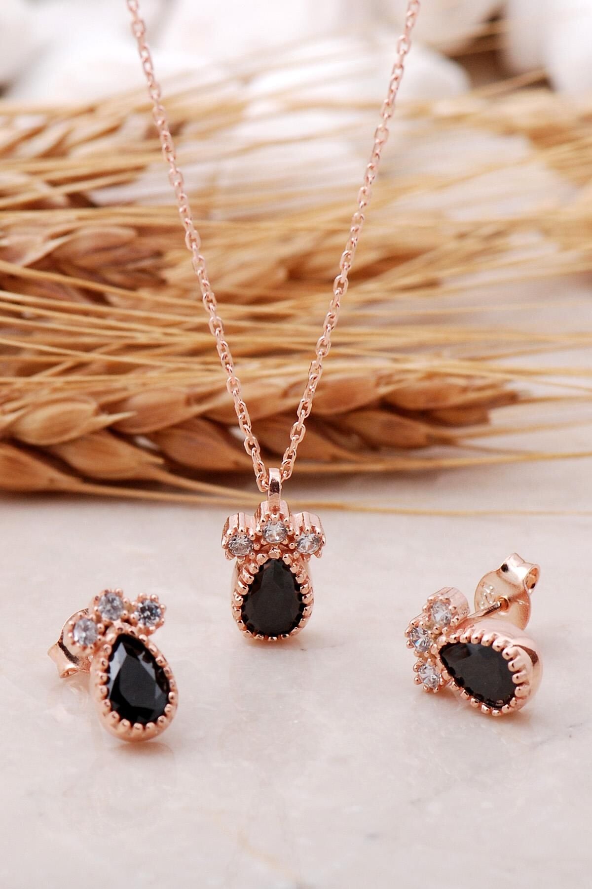 Onix Taşlı Damla Rose Gümüş Set 2470