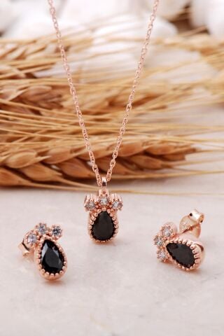 Onix Taşlı Damla Rose Gümüş Set 2470