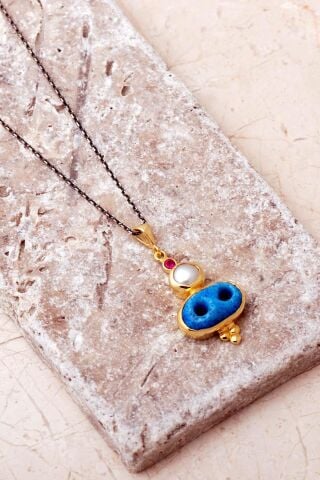 Süryani Nazar Boncuğu İnci Taşlı Altın Kaplama 925 Ayar Gümüş Kolye 8099