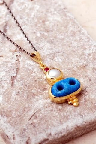 Süryani Nazar Boncuğu İnci Taşlı Altın Kaplama 925 Ayar Gümüş Kolye 8099