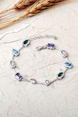 Geometrik Renkli Taşlı 925 Ayar Gümüş Bileklik 4827