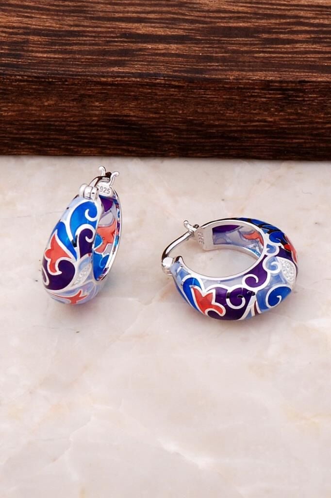 Mineli Sarmaşık Desenli Tasarım Gümüş Halka Küpe 4293