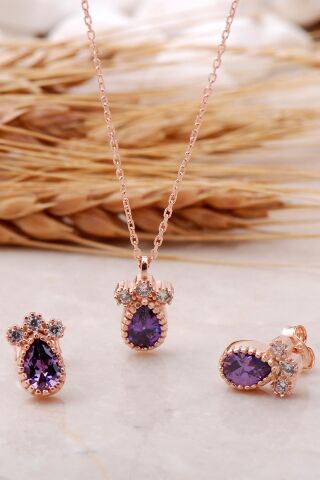 Ametist Taşlı Damla Rose Gümüş Set 2473