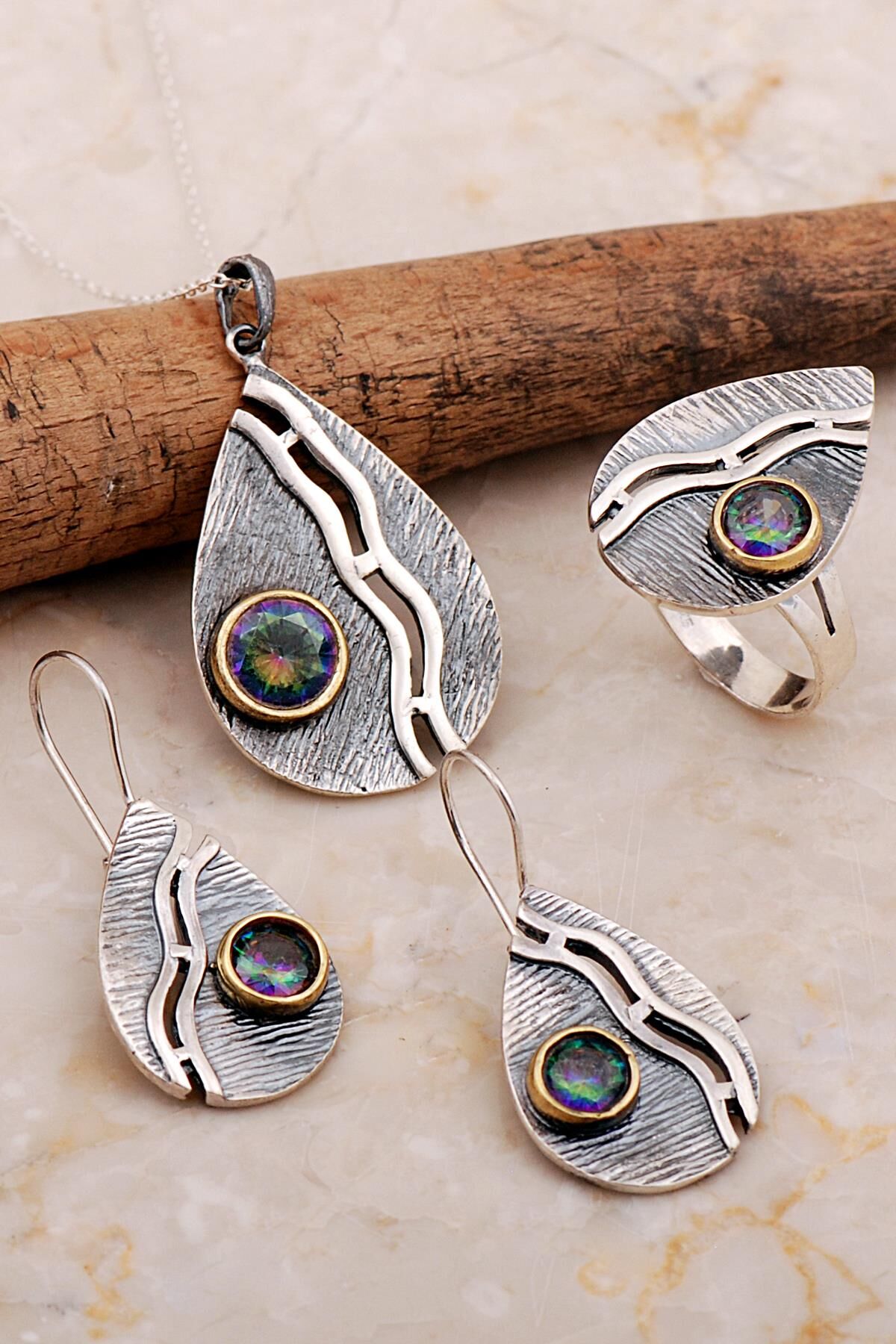 Mistik Topaz Taşlı Çekiç Dövme Elişi Damla Gümüş Set 2806
