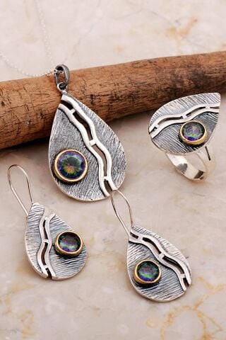Mistik Topaz Taşlı Çekiç Dövme Elişi Damla Gümüş Set 2806