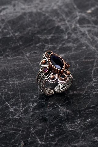 Safir Taşlı Telkari İşlemeli Gümüş Yüzük 2485