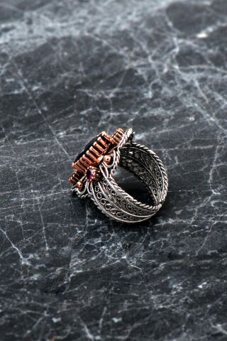 Safir Taşlı Telkari İşlemeli Gümüş Yüzük 2485