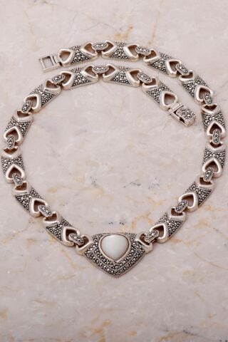 Sedef ve Markazit Taşlı Kalp Tasarım Gümüş Kolye 7655