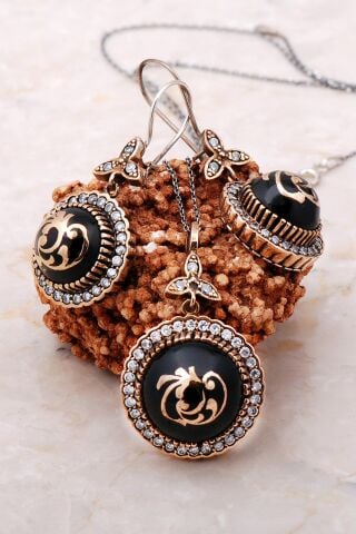 Doğal Oltu Taşlı Tasarım Gümüş Set 2207