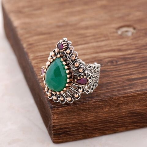 Kök Zümrüt Taşlı Telkari İşlemeli Gümüş Yüzük 2486