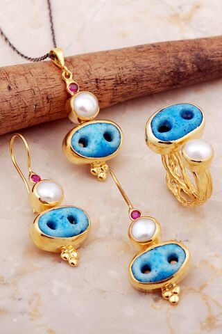 Süryani Nazar Boncuğu İnci Taşlı Altın Kaplama Tasarım Gümüş Set 2810