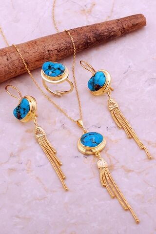 Turkuaz Taşlı Hasır Püsküllü Altın Kaplama Elişi Gümüş Set 2811