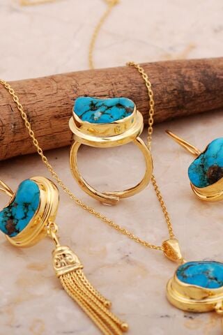 Turkuaz Taşlı Hasır Püsküllü Altın Kaplama Elişi Gümüş Set 2811