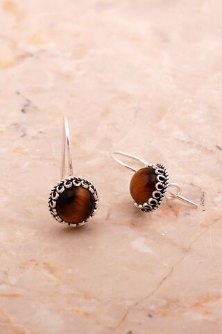 Kaplan Gözü Taşlı Mini Elişi Gümüş Küpe 6177