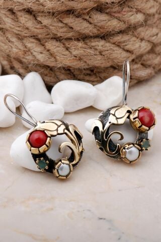 Laleli İnci ve Mercan Taşlı Elişi Gümüş Küpe 5636