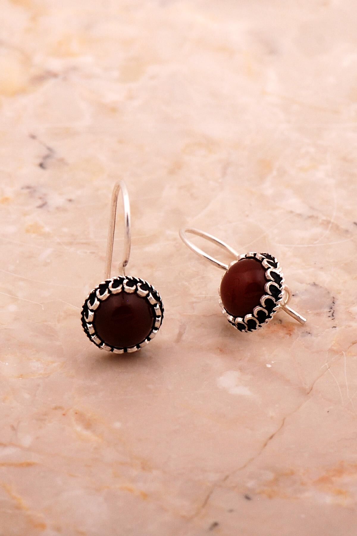 Akik Taşlı Mini Elişi Gümüş Küpe 6178