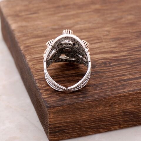 Kök Zümrüt Taşlı Telkari İşlemeli Gümüş Yüzük 2488