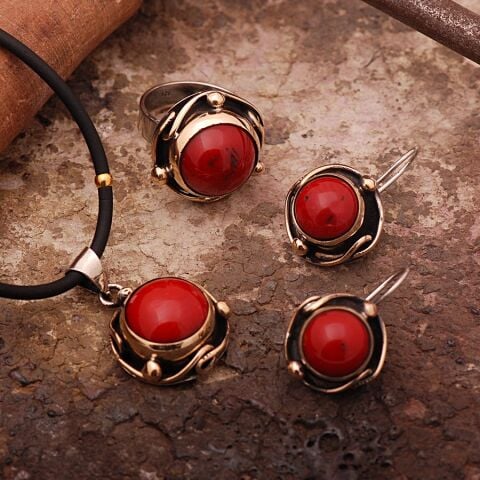 Mercan Taşlı Sarma Elişi Gümüş Set 1619