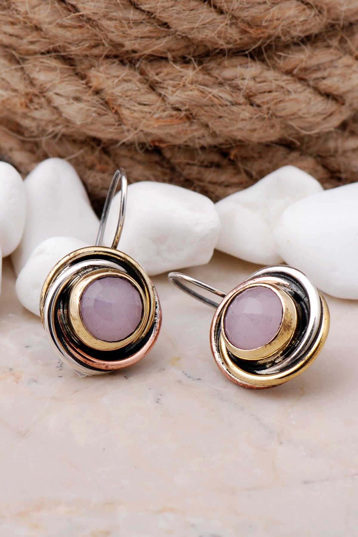 Pembe Kuvars Taşlı Elişi Gümüş Küpe 5637
