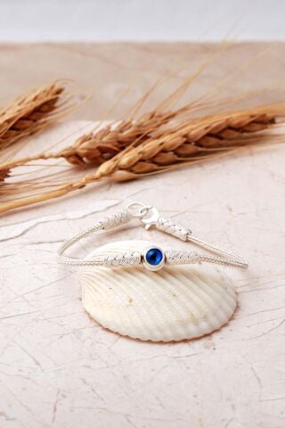 Kazaziye İşlemeli Nazar Boncuklu 18 Cm Elişi 1000 Ayar Gümüş Bileklik 4828