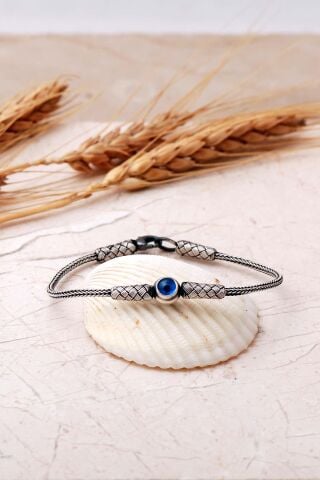 Kazaziye İşlemeli Nazar Boncuklu 18 Cm Elişi 1000 Ayar Gümüş Bileklik 4828