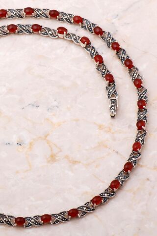 Akik ve Markazit Taşlı Tasarım Gümüş Kolye 7663