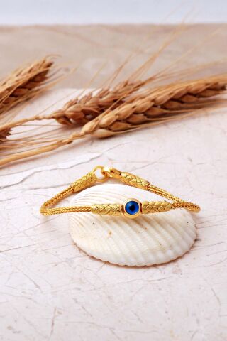 Kazaziye İşlemeli Nazar Boncuklu 18 Cm Elişi 1000 Ayar Gümüş Bileklik 4828 Altın