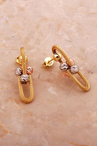 Dorika Hasır Altın Yaldızlı Tasarım 925 Ayar Gümüş Küpe 6181