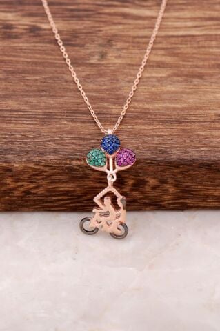 Mutluluktan Uçan Aşıklar Bisikletli Rose Gümüş Kolye 4057