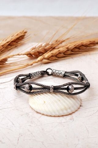 Kazaziye İşlemeli Toplu 1000 Ayar Oksitli 19,5 Cm Gümüş Erkek Bileklik 4832