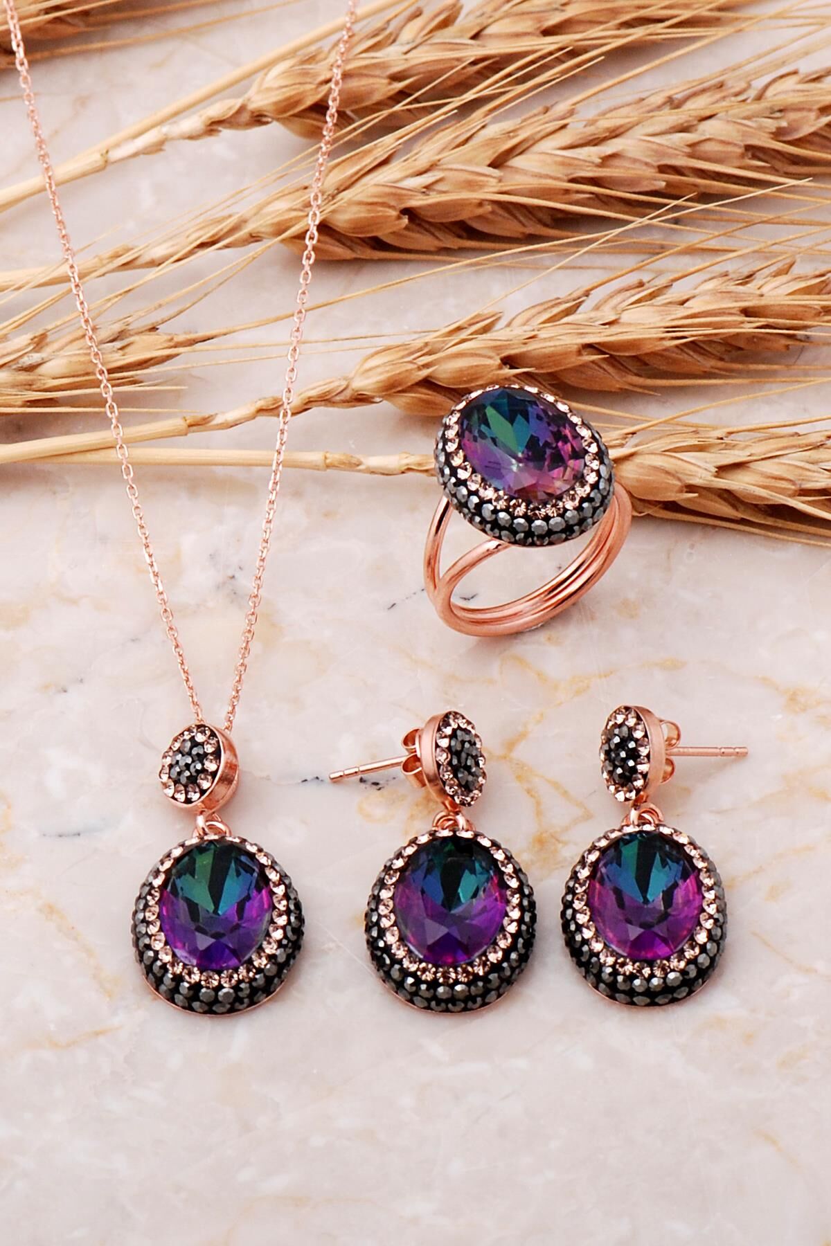 Mistik Topaz Rose Gümüş Set 2534