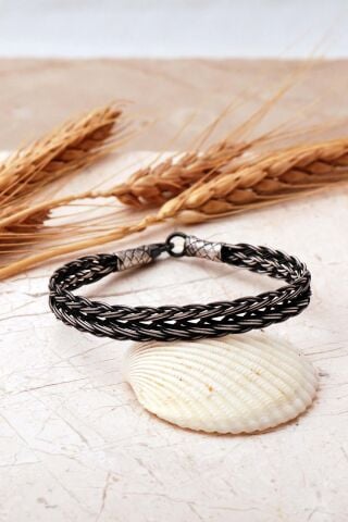 Kazaziye İşlemeli Örgü Elişi 1000 Ayar Gümüş 20 Cm Erkek Bileklik 4834