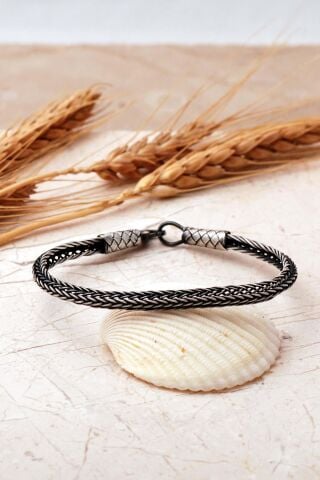 Kazaziye İşlemeli Balık Sırtı 1000 Ayar Gümüş 21 Cm Erkek Bileklik 4835