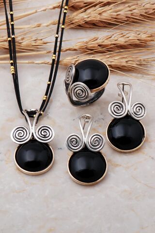 Oniks Taşlı Tasarım Elişi Gümüş Set 1731