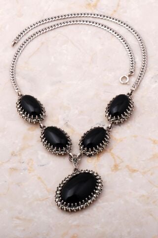 Oniks ve Markazit Taşlı Tasarım Gümüş Kolye 7666