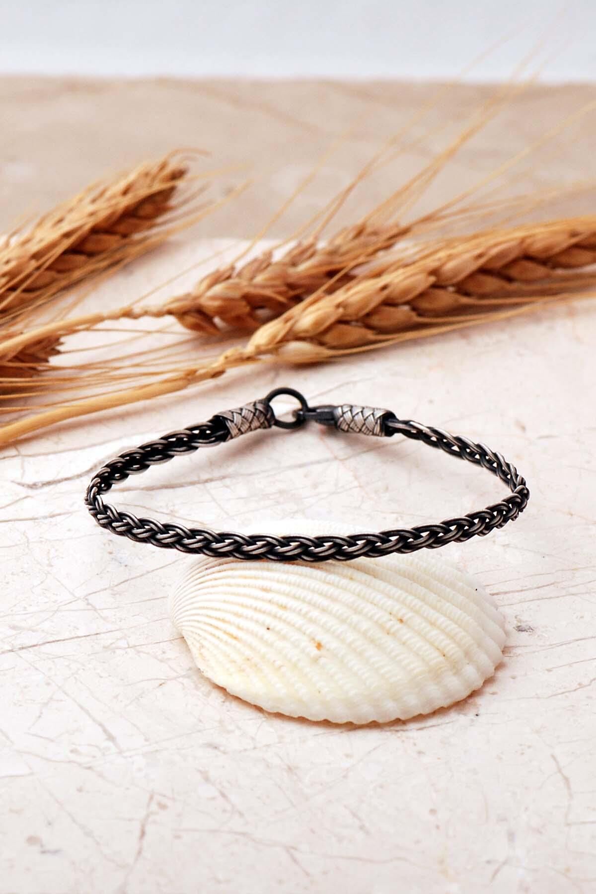 Kazaziye İşlemeli Örgü Elişi 1000 Ayar Gümüş 20 Cm Erkek Bileklik 4836