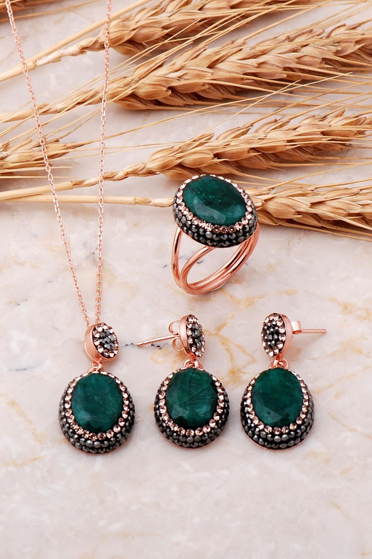 Kök Zümrüt Rose Gümüş Set 2536