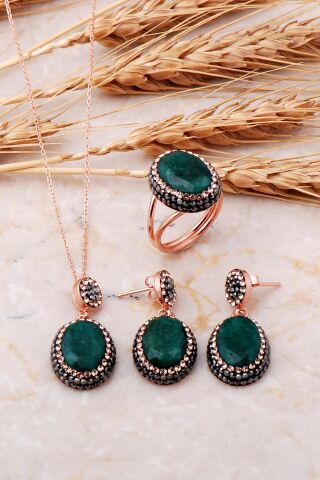 Kök Zümrüt Rose Gümüş Set 2536