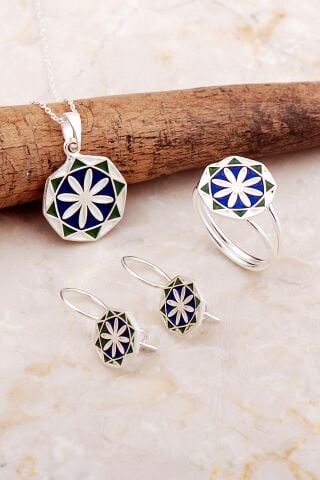 Anadolu Motifli Elişi Çiçek Mineli Gümüş Set 2824