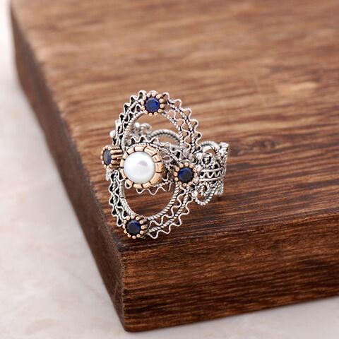 İnci Taşlı Telkari İşlemeli Gümüş Yüzük 2494