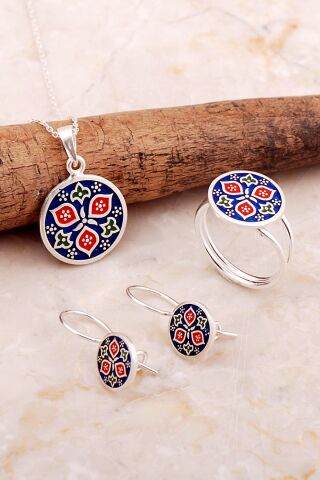 Anadolu Motifli Elişi Mineli Gümüş Set 2825