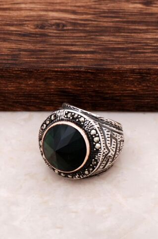 Yeşim ve Markazit Taşlı Otantik Gümüş Yüzük 252