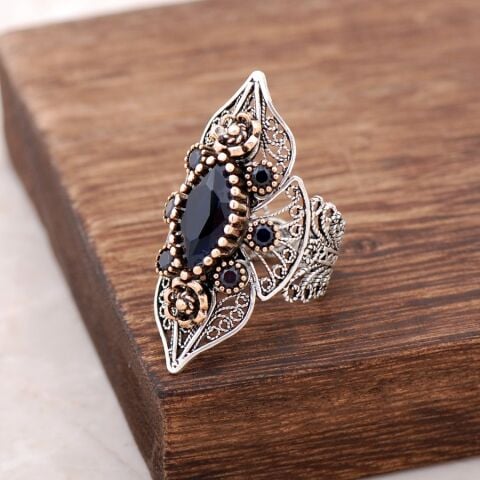 Safir Taşlı Telkari İşlemeli Gümüş Yüzük 2496