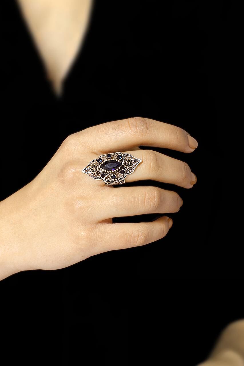 Safir Taşlı Telkari İşlemeli Gümüş Yüzük 2496