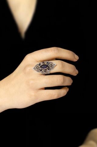 Safir Taşlı Telkari İşlemeli Gümüş Yüzük 2496